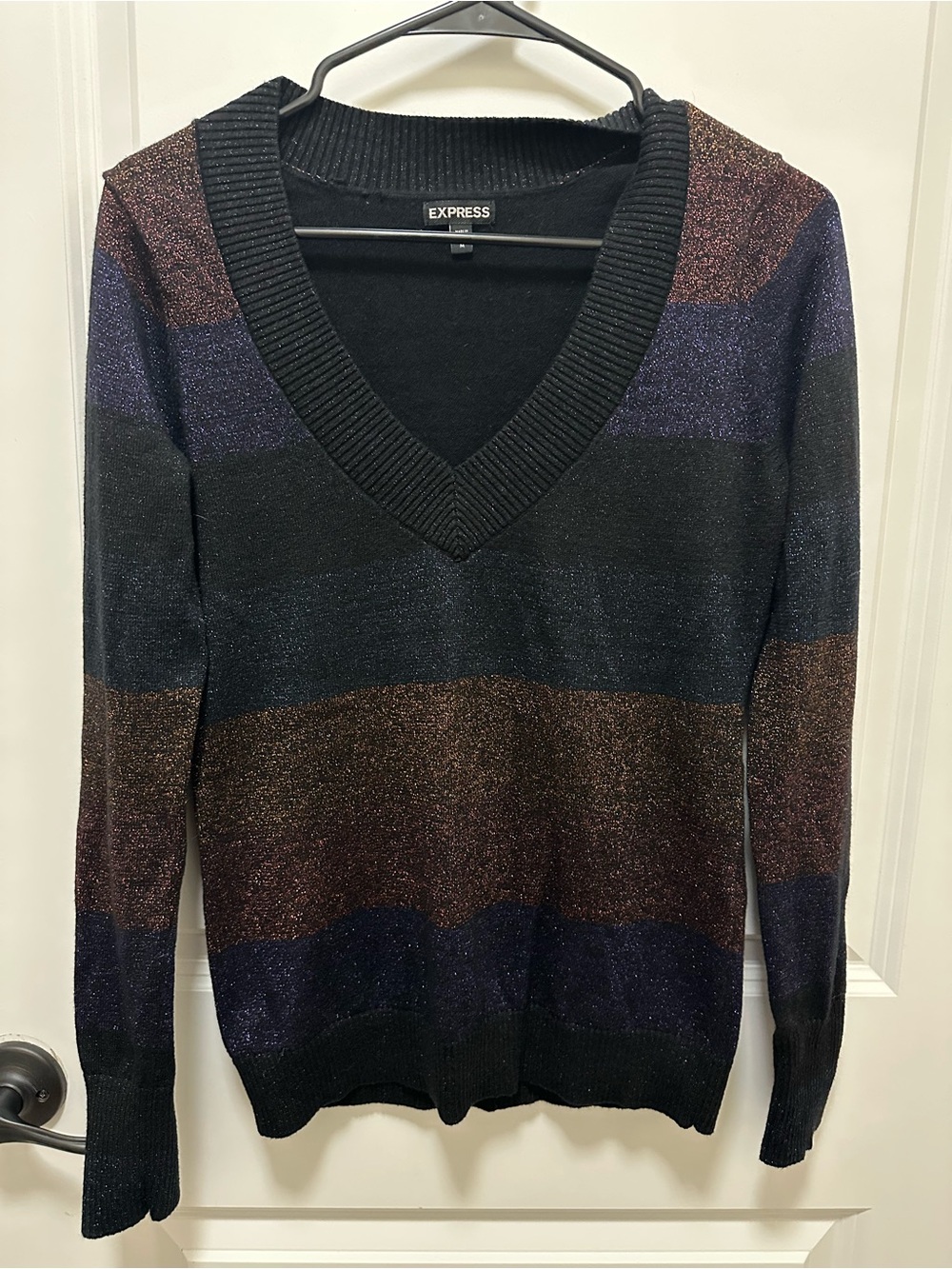 Express Women’s Shimmer Metallic Stripe Sweater - Black with Bronze & Purple